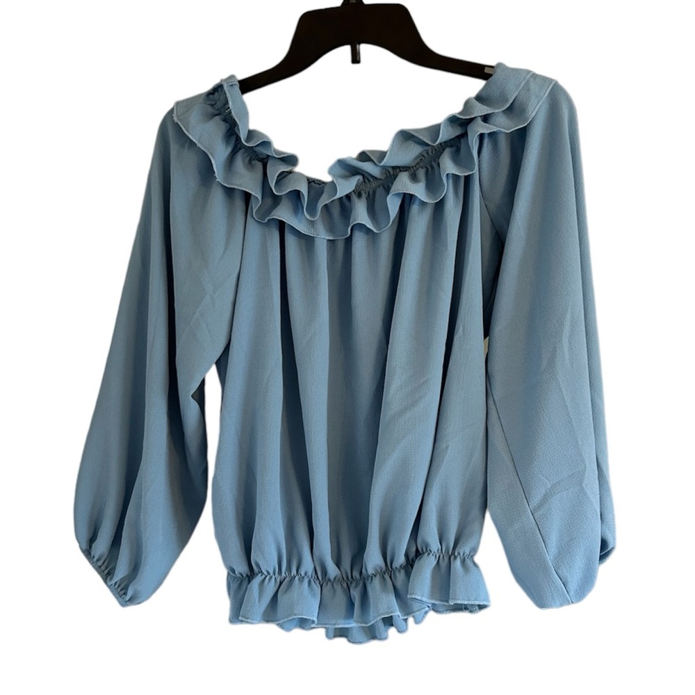 Ruffle off the shoulder blue size medium balloon sleeve blouse